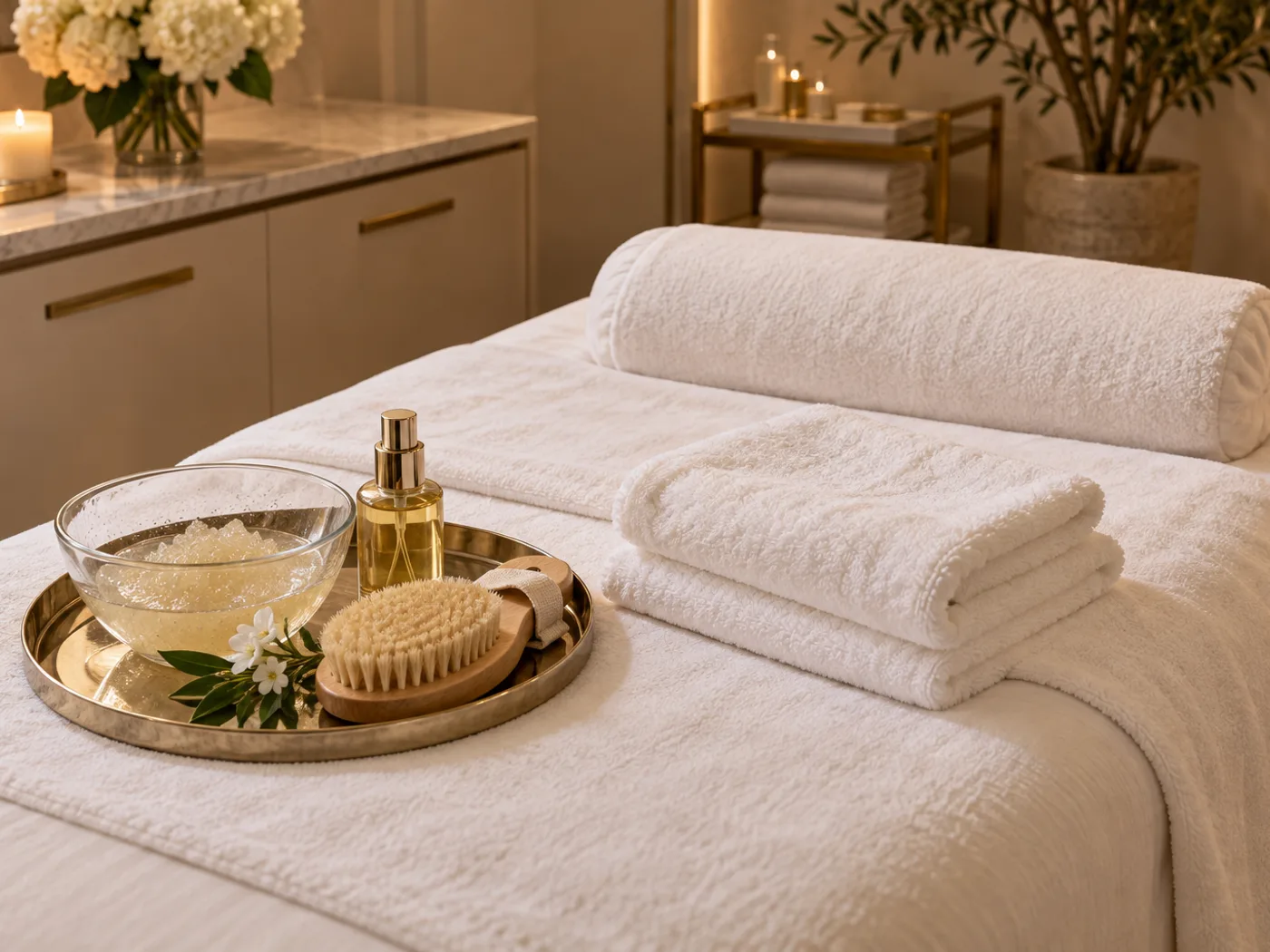 Prepared body skincare treatment setup for a back facial