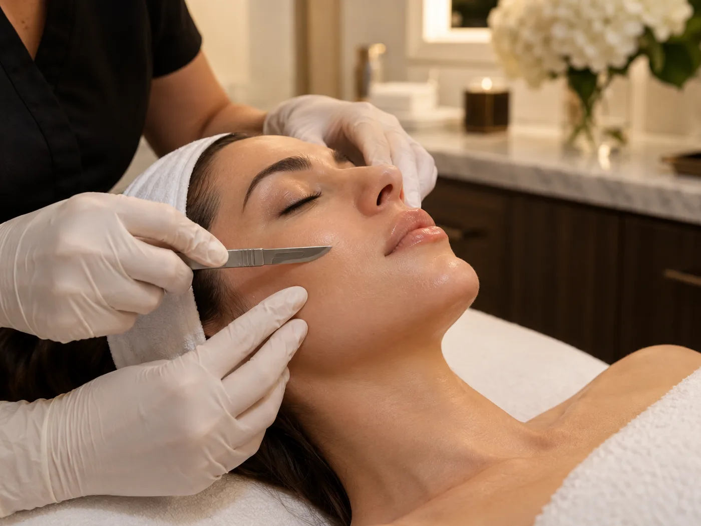 Professional dermaplaning treatment on the cheek