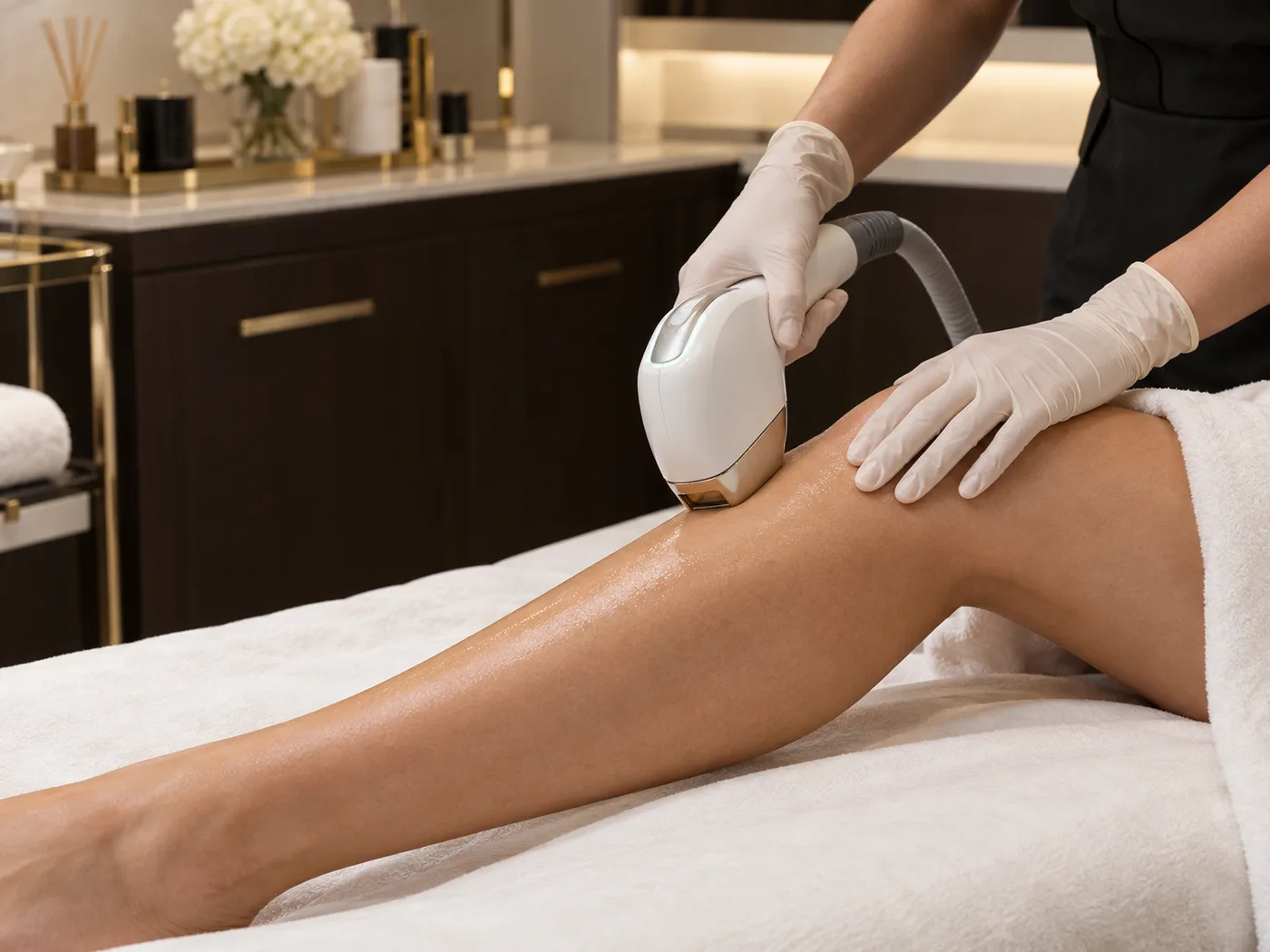 Professional laser hair removal treatment on the lower leg