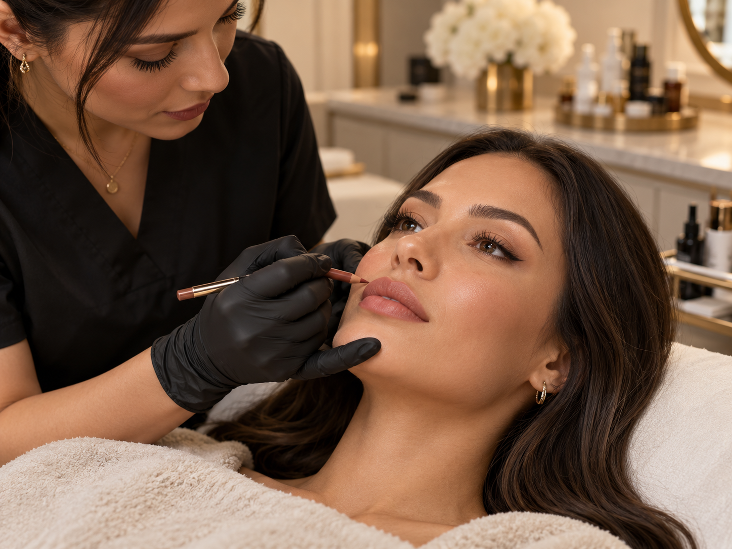 Permanent makeup artist mapping a client's lip line